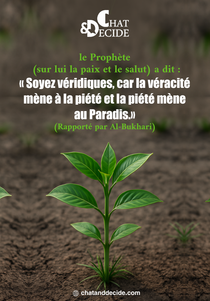 le Prophète (sur lui la paix et le salut) a dit : « Soyez véridiques, car la véracité mène à la piété et la piété mène au Paradis.» (Rapporté par Al-Bukhari)